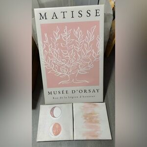 Cute Boho Minimalist Pink Wall Art Bundle- 3 Canvas, 1 Wood